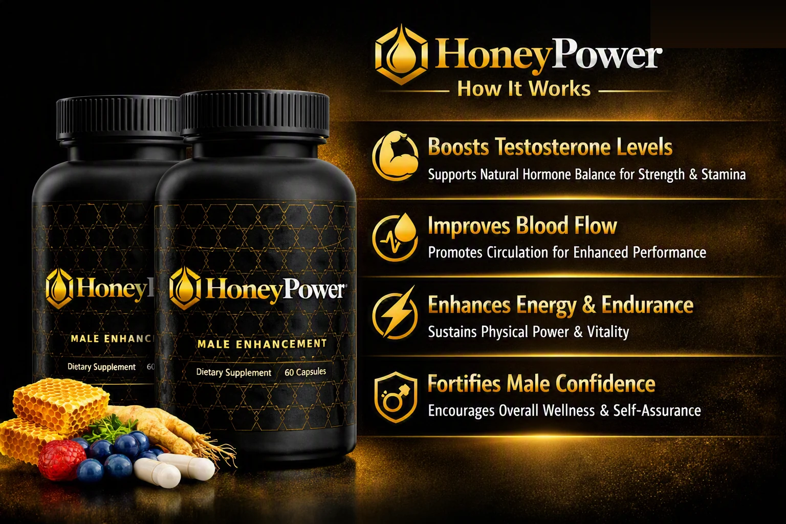 How Honey Power works — boosts testosterone, improves blood flow, enhances energy and endurance, fortifies male confidence